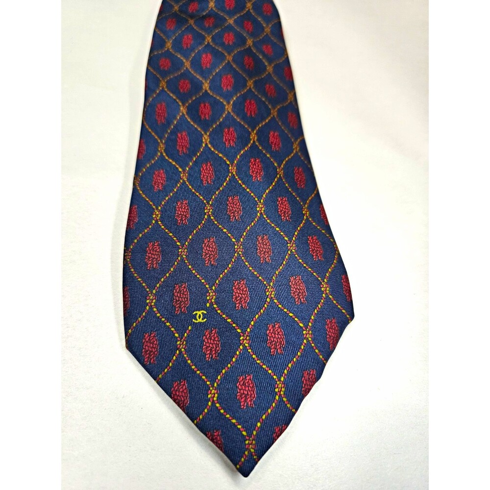 Vintage CHANEL Men's Silk Tie Geometric Diamond Pattern Blue Red Gold 3” x 60”
